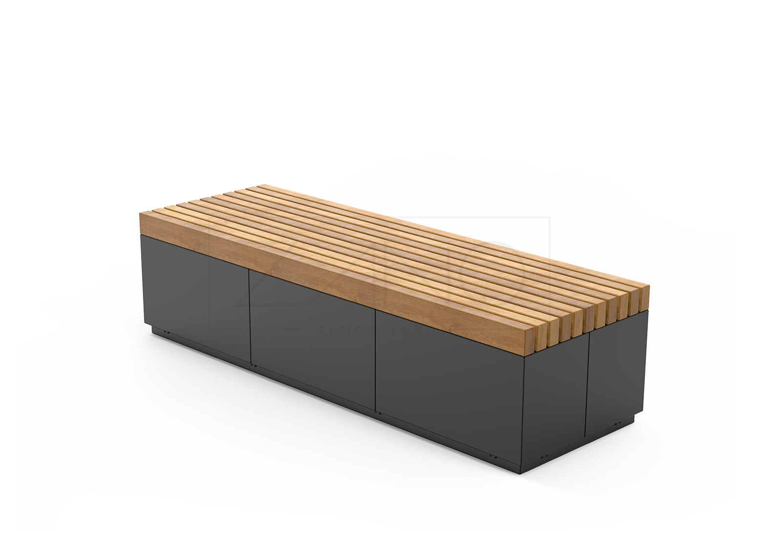 Gradska klupa izrađena od ugljičnog čelika i egzotičnog drva.