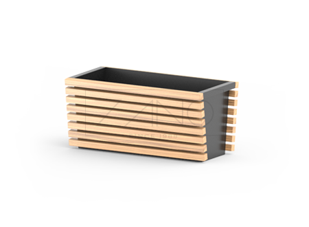 Moderna, elegantna saksija za cvijeće izrađena od crnog čelika i drvenih elemenata.