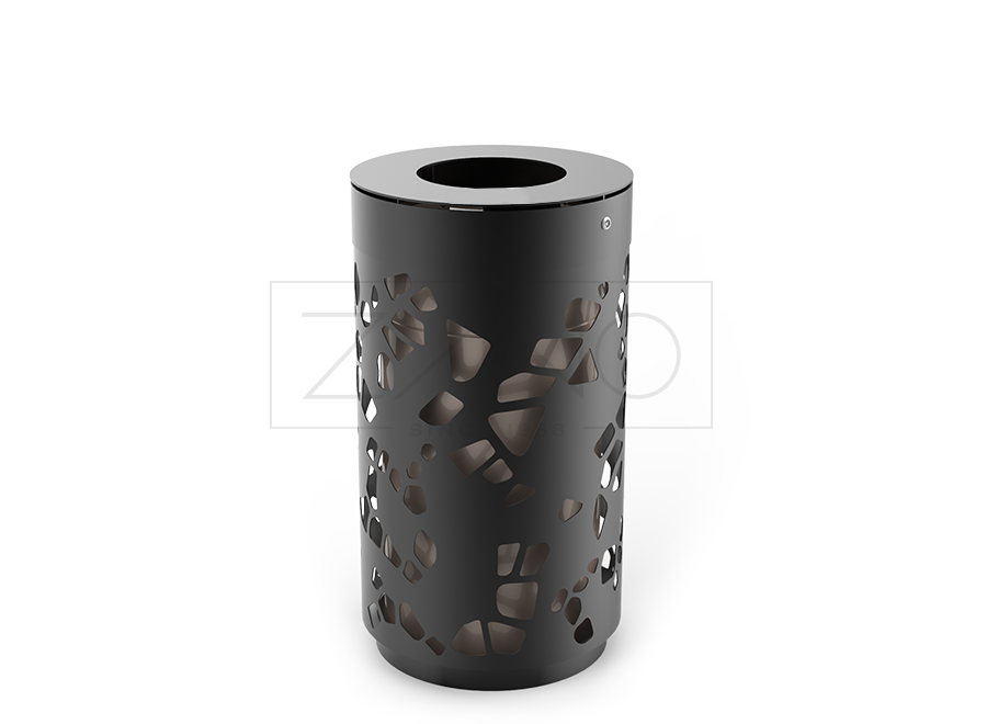 Kanta za gradski otpad izrađena od crnog čelika, s apstraktnim uzorkom urezanim u čelik.