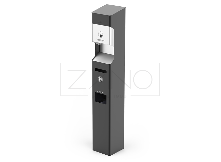 Čelična stanica za dezinfekciju ruku u RAL 9005 boji. Čvrsta, izdržljiva i trajno pričvr&scaron;ćena za pod.