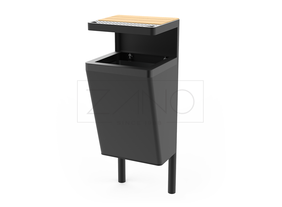 Scandik kanta za otpad s pepeljarom od ugljičnog čelika, obojana RAL 9005. Pepeljara od nehrđajućeg čelika.