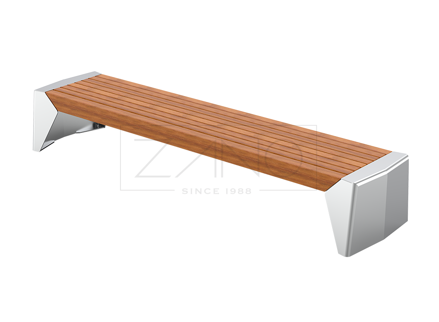 velika, masivna gradska klupa izrađena od nehrđajućeg čelika i egzotičnog drva